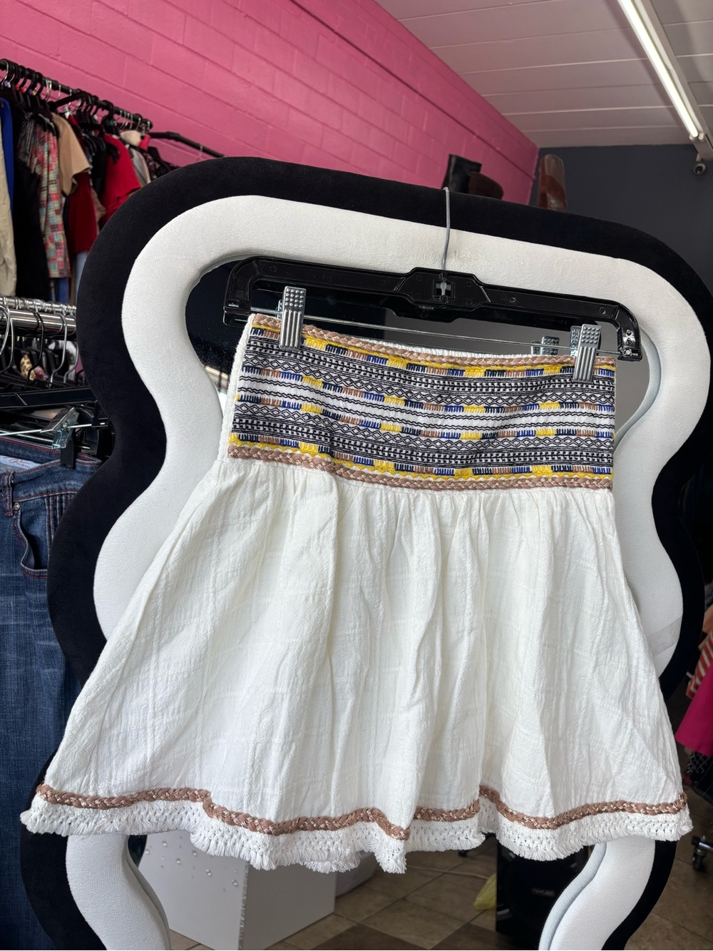 Moon River White Mini Skirt with Embroidered Navy and Yellow Waistband